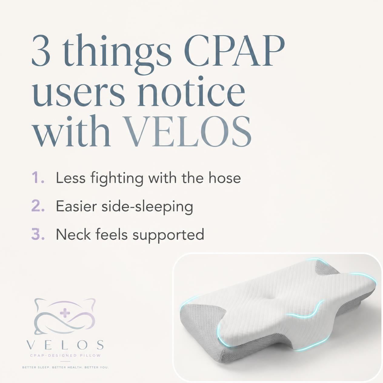 Velos CPAP pillow contours and mesh panels