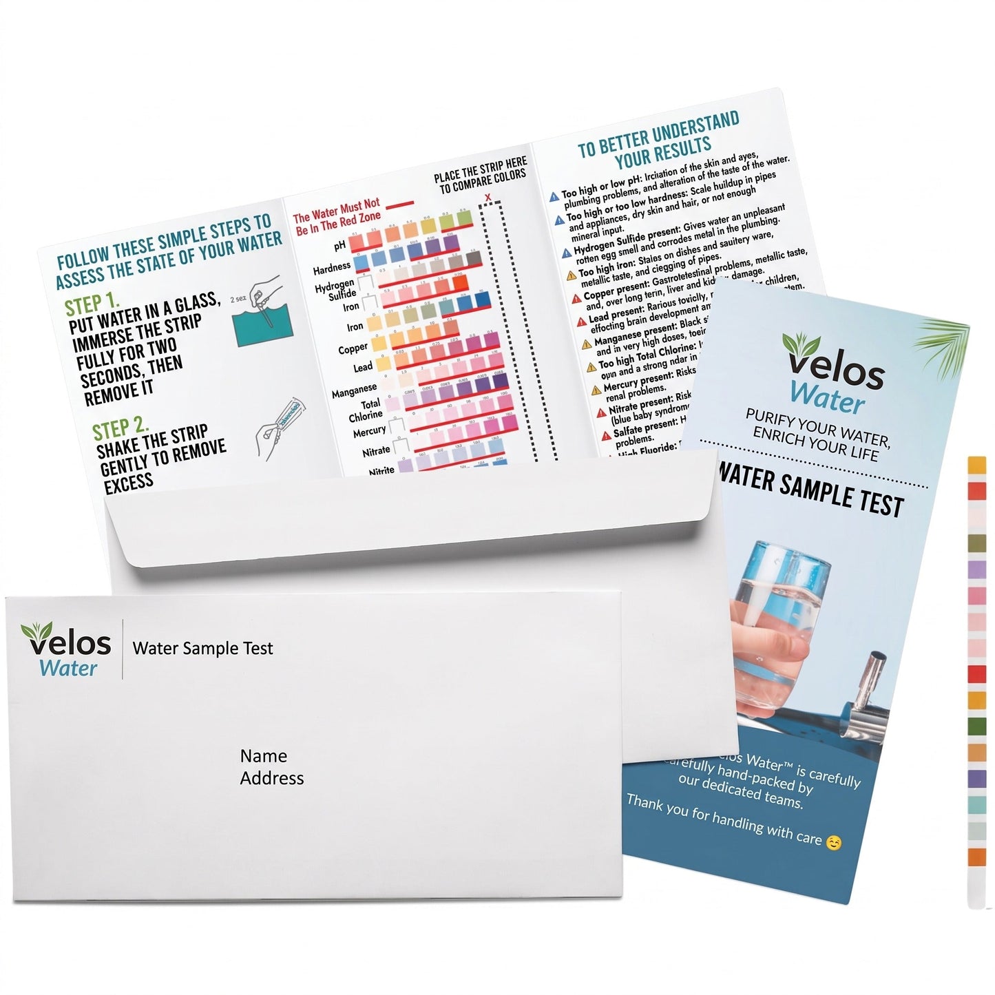 Velos Water home test kit with color chart and test strip